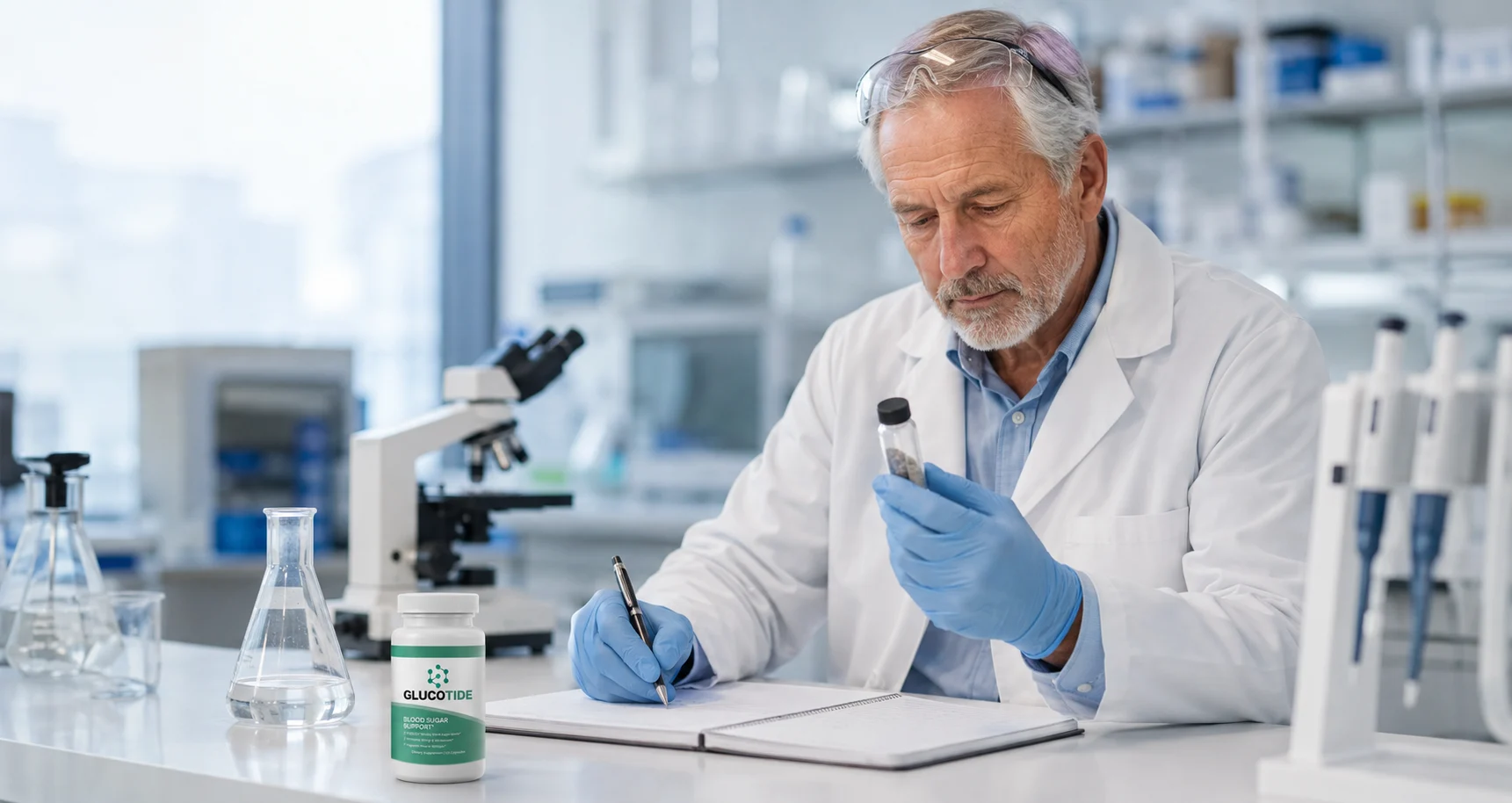 Researcher examining a raw botanical ingredient sample for GlucoTide